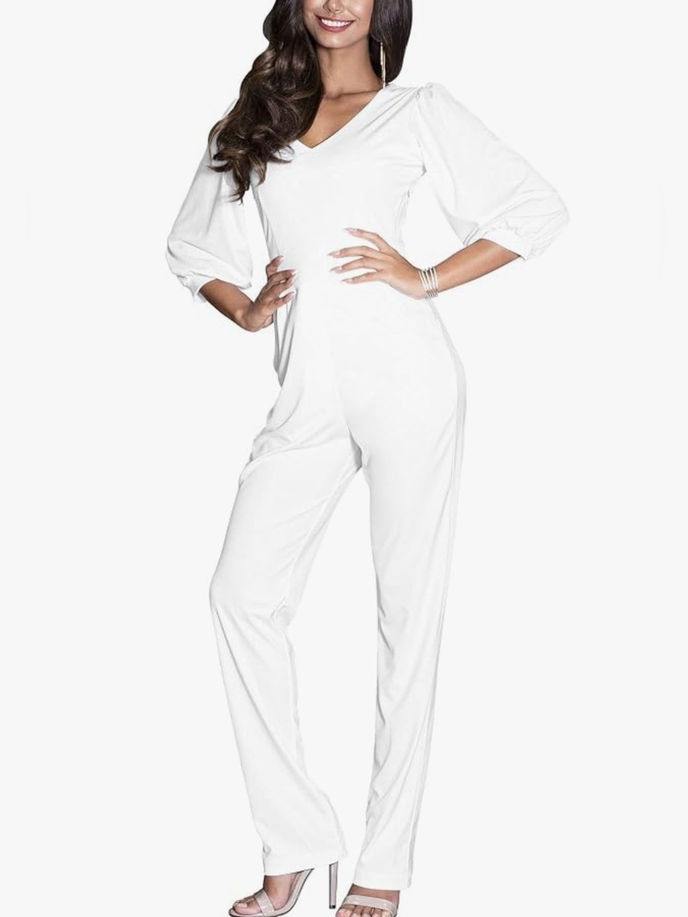 KOH KOH Women's Bright White 3/4 Sleeves Jumpsuit with Pockets. Size: XL